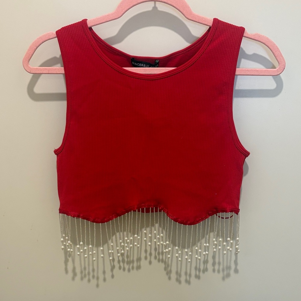 Red Ribbed Crop Top with Pearl Fringe